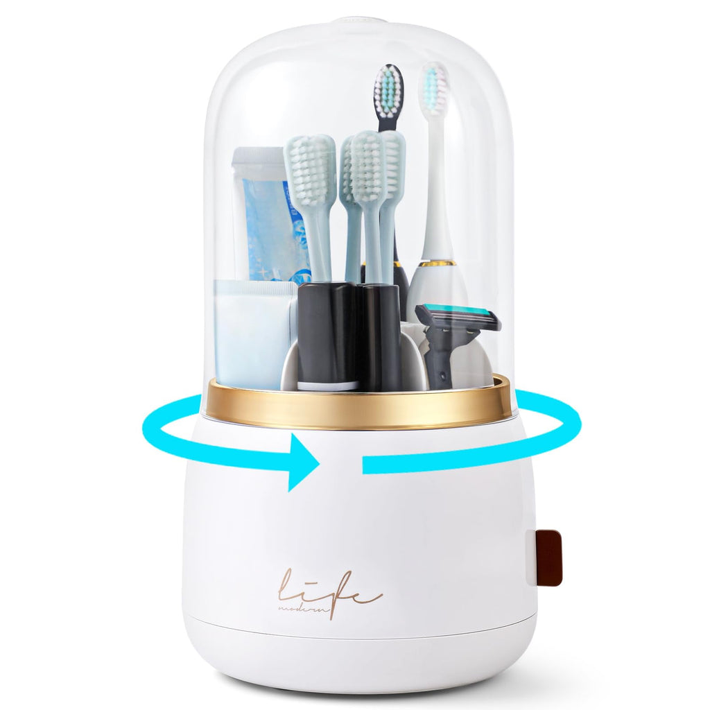 with Cover for Bathrooms 360 Rotating 7-Slot Organizer and Toothpaste Stand, Covered with Drain for Bathroom Countert...