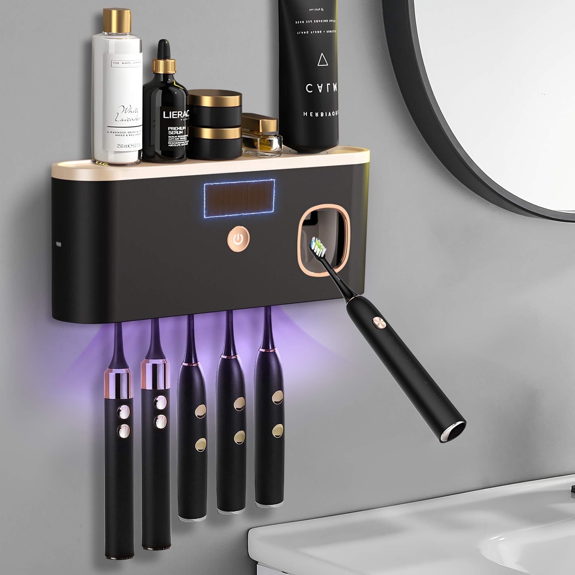 for Bathrooms, UV Sanitizer Wall Mounted with Toothpaste Dispenser, Large Capacity Tray, Tooth Brushing Holder & Bath...