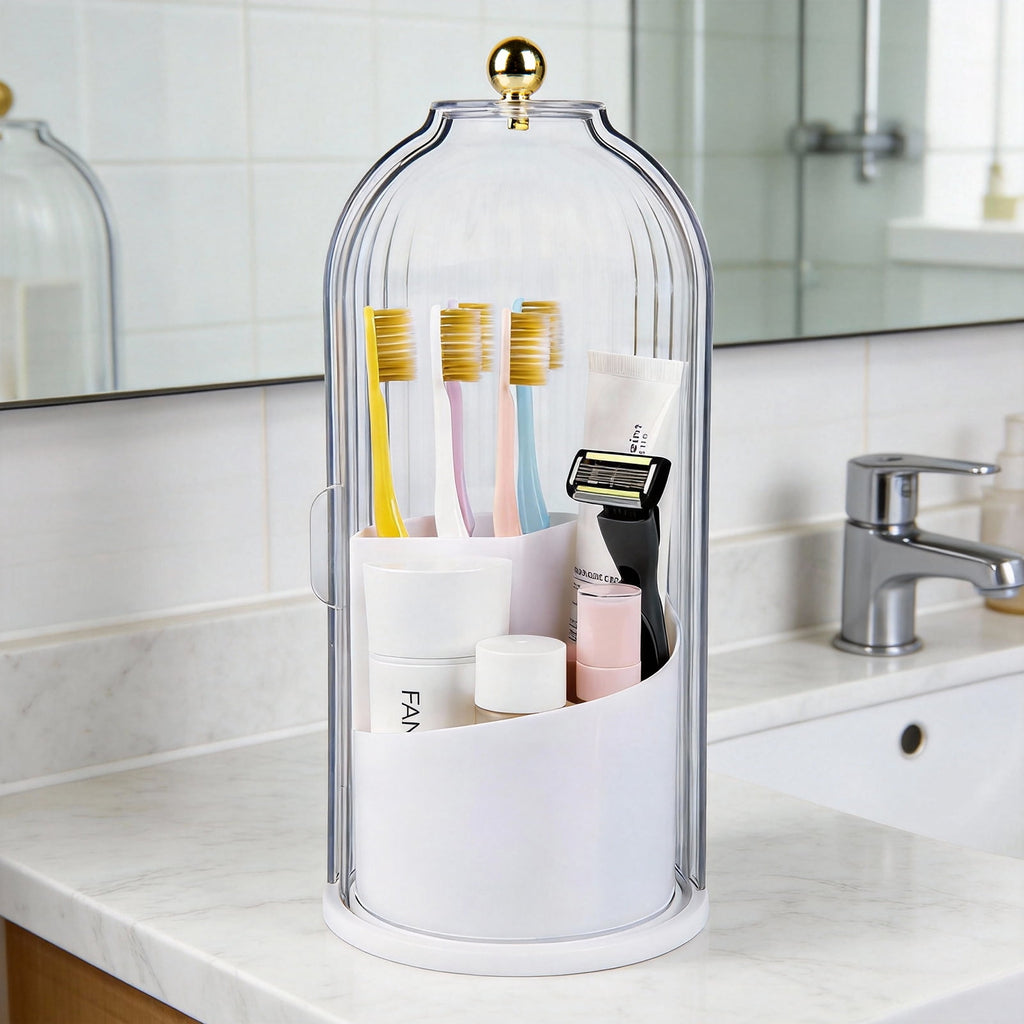 with Sliding Lid, Rotating 3 Slots Bathroom Organizer Countertop, Tooth Brush Toothpaste Holder Bathroom Counter Stan...