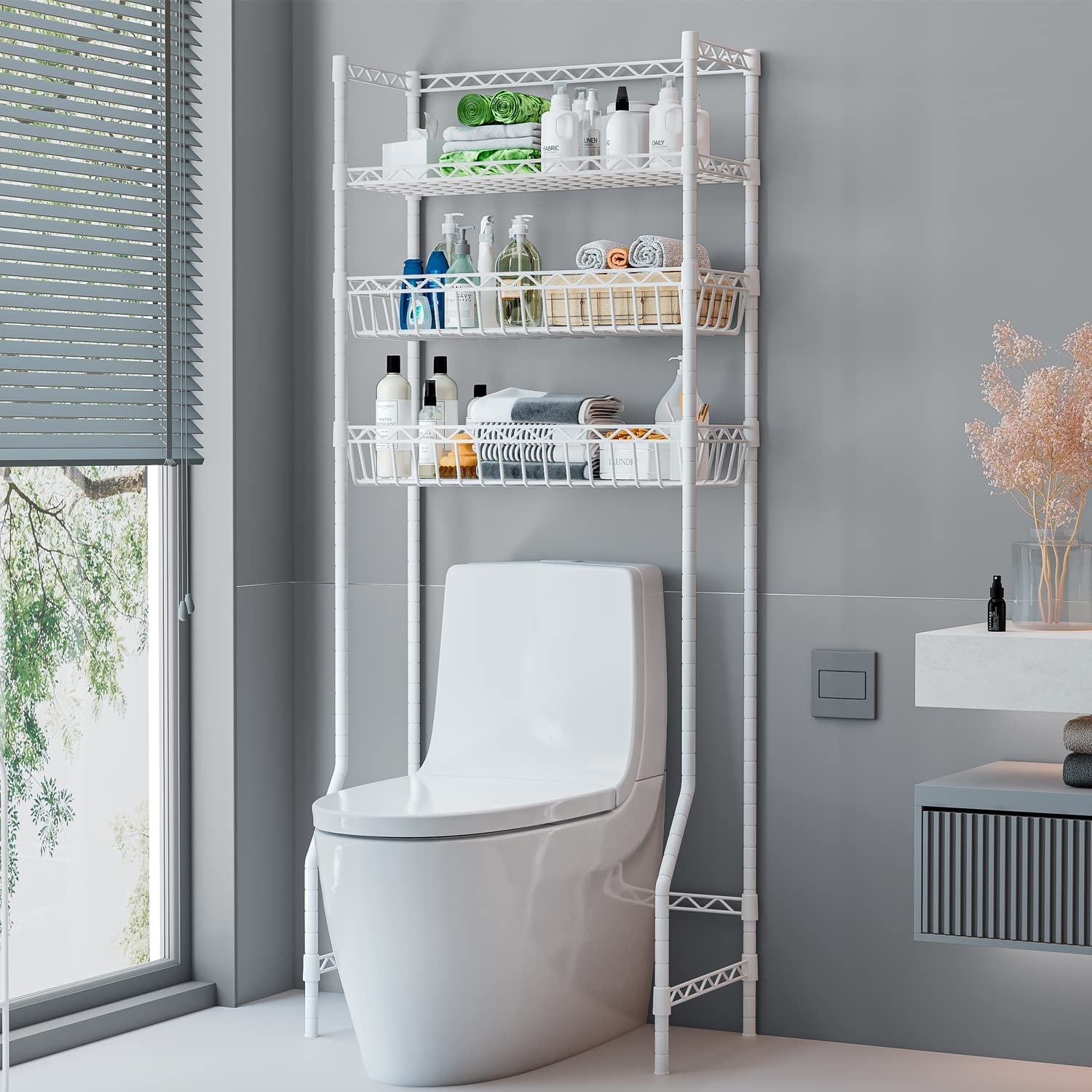 Untyo 3 Tier Over the Toilet Storage Rack Bathroom Storage Shelf Space Saver Stand Above Toilet with Adjustable Shelves and Baskets