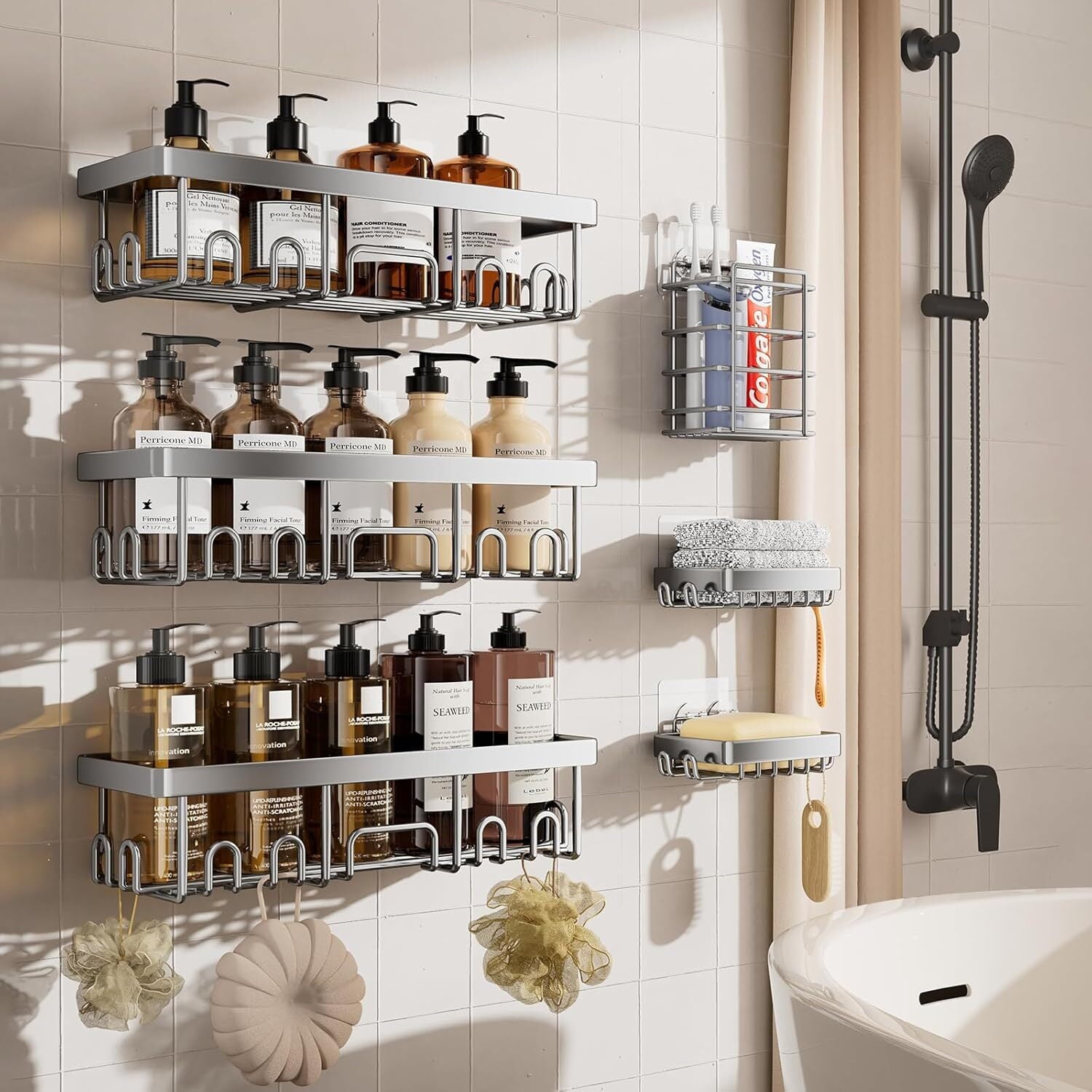 Veken Rustproof Shower Caddy 6-Pack, Ideal for Gift, Large Wall Mounted Rack, Bathroom Shelves Over Toilet, Organizer Storage Accessories wi