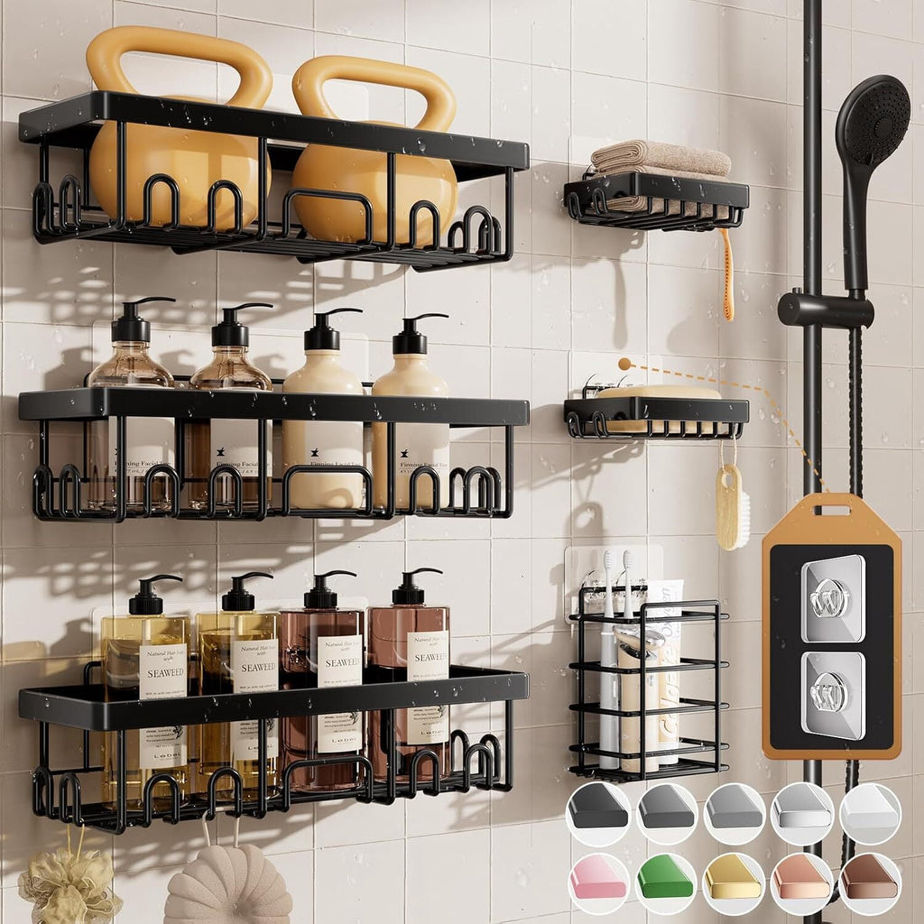 Veken Shower Caddy 6-Pack, Advanced Rustproof Design, No Drilling Adhesive Shelves, Rack with Soap Holder, Large Capacity Bathroom Organizer