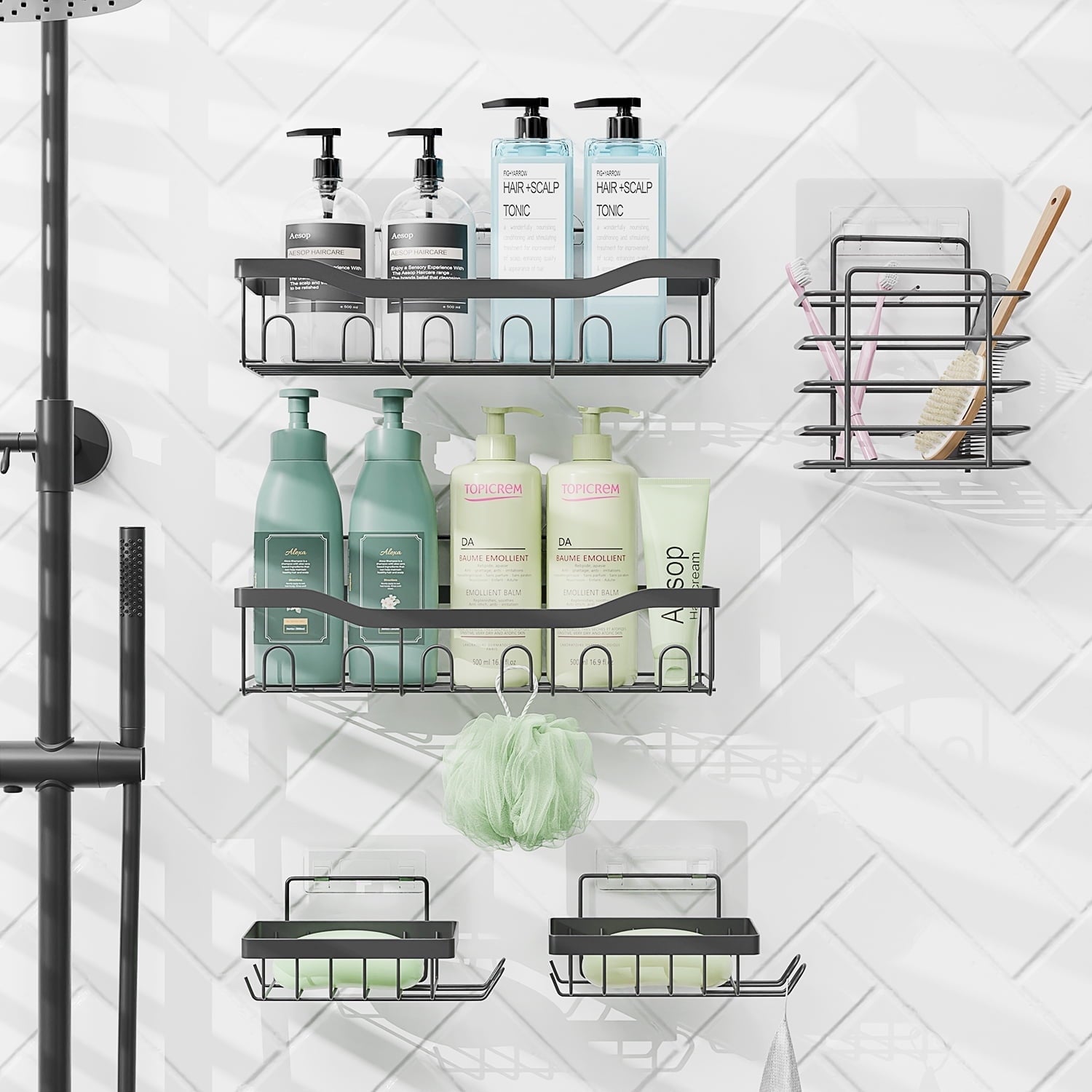 5 Pack Adhesive Steel Shower Caddy Organizer, Heavy Duty Stainless Steel Rustproof Shower Caddy, Gray