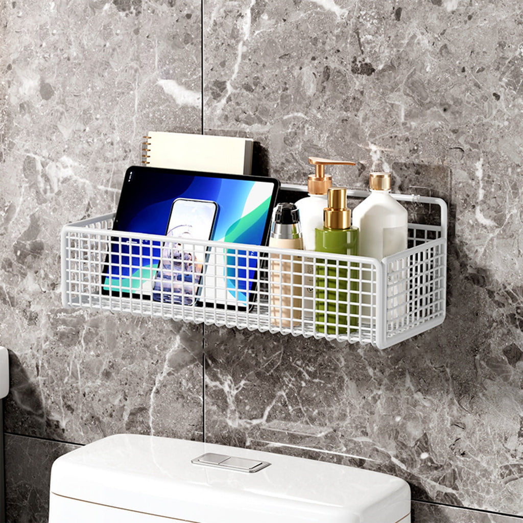 Basket, 14.4x5.9in Metal Wire Organizer with Hooks for Bathroom Shower, Kitchen Spice Rack, No Drill Adhesive Install...