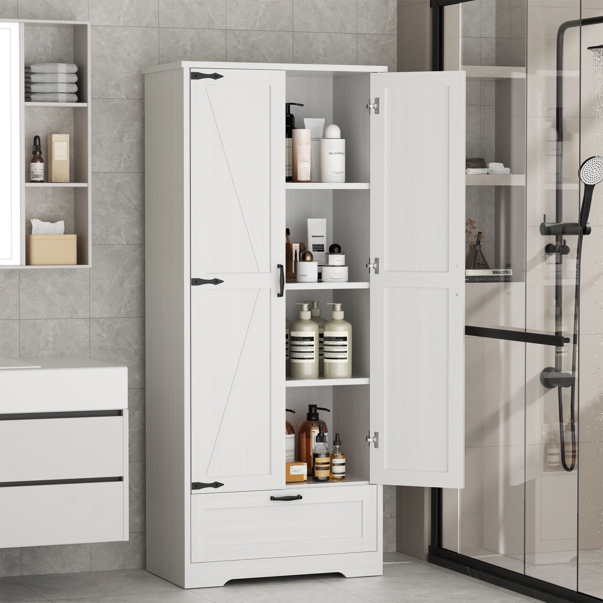 Walsunny Bathroom Floor Storage Cabinets with Doors Shelves Drawer Freestanding Wooden Cabinet Organizer for Laundry Room Bathroom White