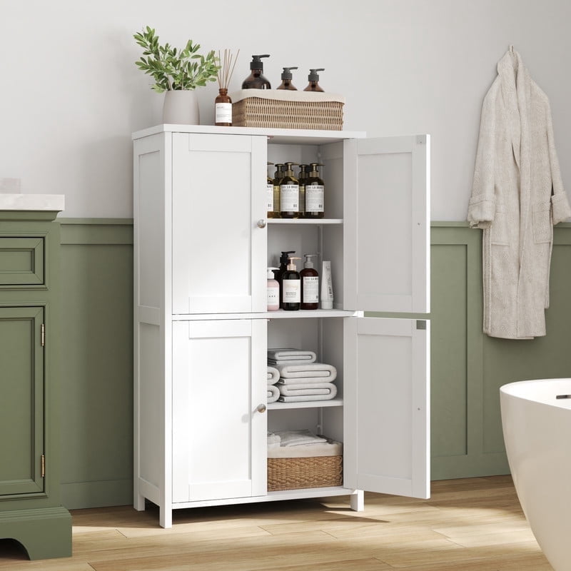 Bathroom Storage Floor Cabinet Organizer with Adjustable Shelf 4 Magnetic Doors 43" Wooden Pantry Cabinet Freestandin...