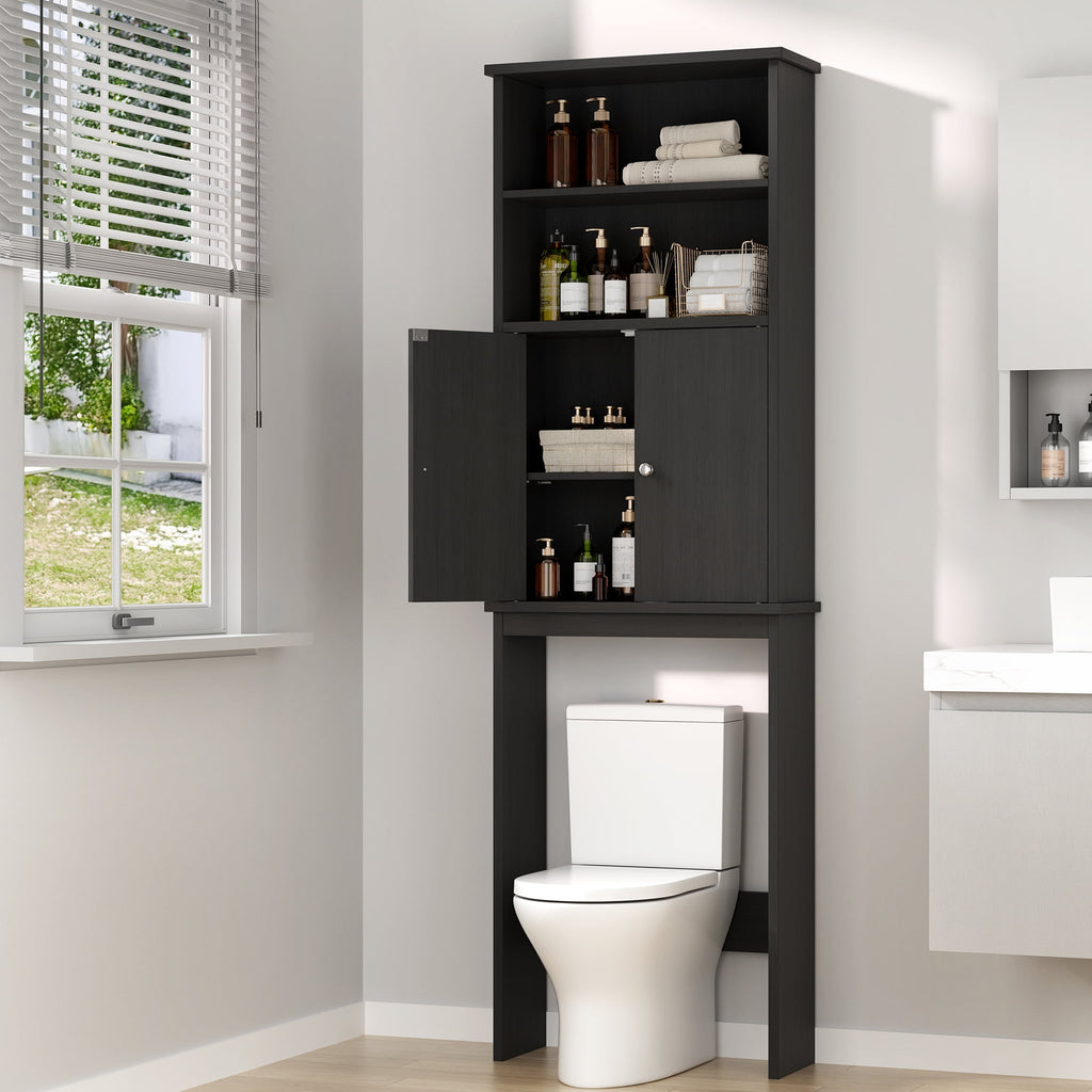 the Toilet Storage Cabinets Wood Bathroom Organizer Shelf Rack Space Saver with 2 Doors 4 Shelves Anti-Tip Device Black