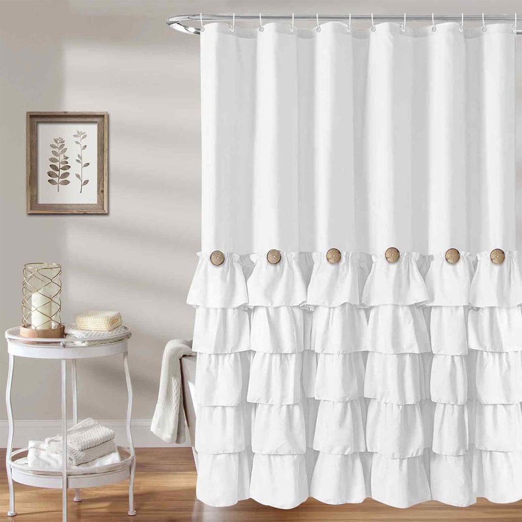 Shower Curtain with Buttons and 12 Hooks for Bathroom, White, 72" x 72"