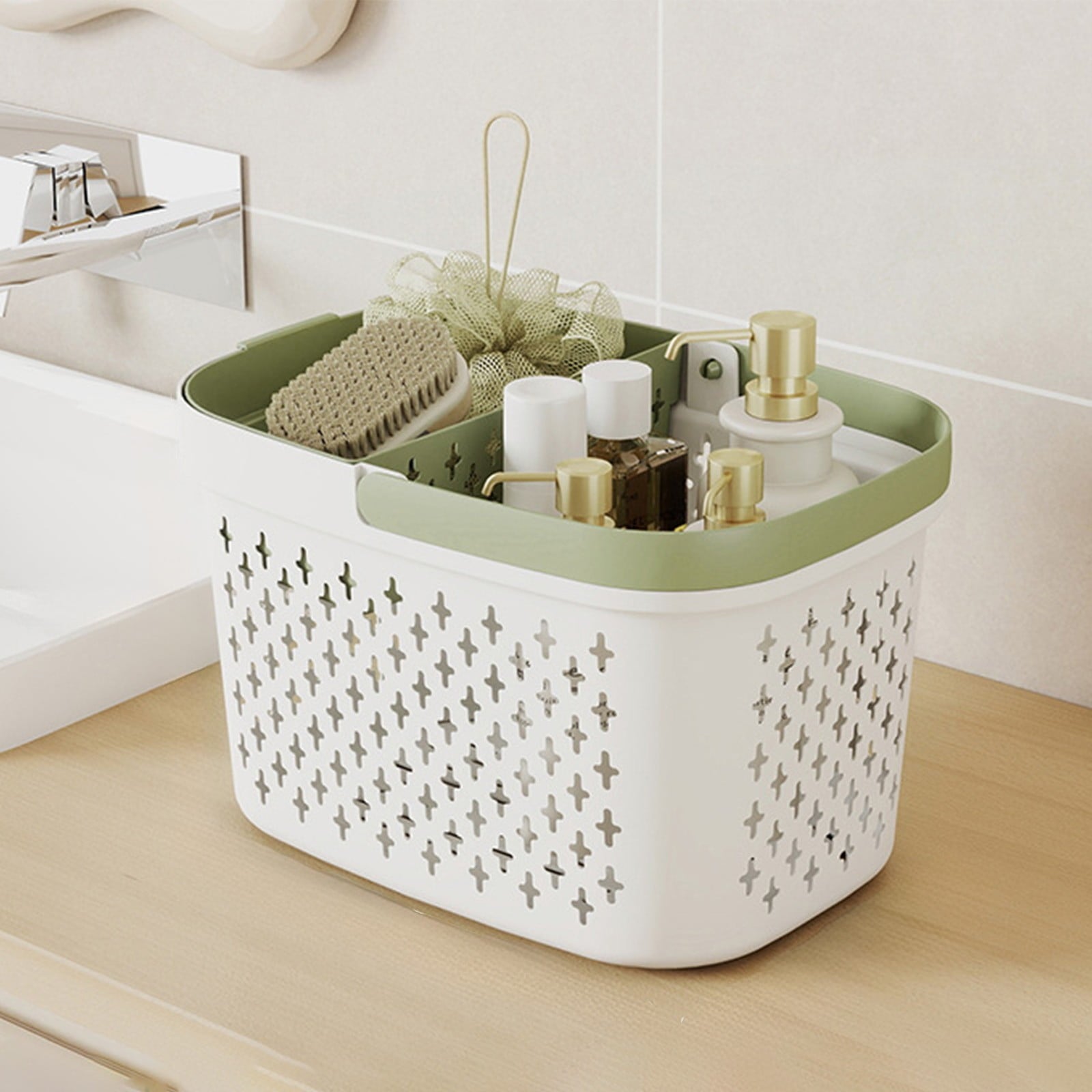 Organizer Bathroom Caddy Handheld Bath Storage Large Capacity Hollow Drain Partition Adjustable Handle College Dorm 1pc