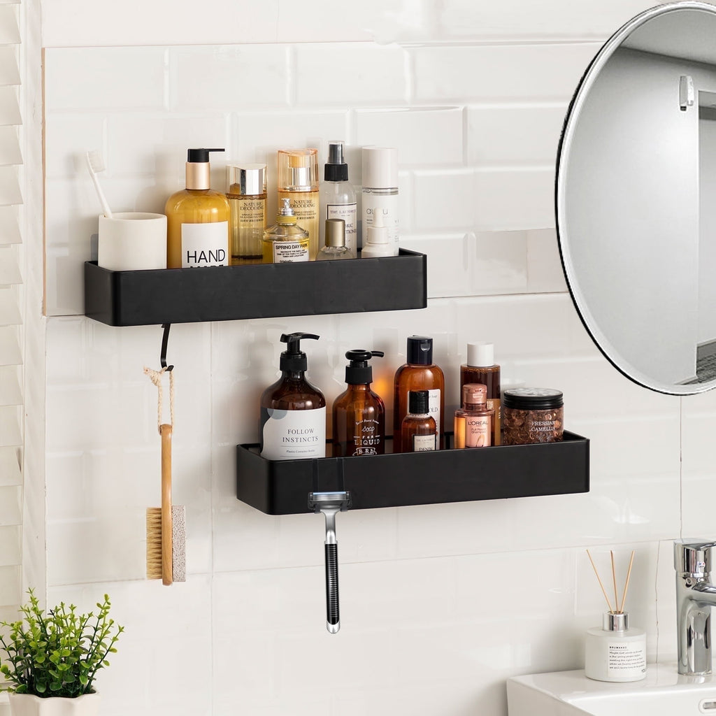 YIHATA Wall Shower Caddy, Black Shower Shelf No Drilling, Self Adhesive Bathroom Storage Rustproof Shower Organizer with 4 Hooks, Quick-Dry,