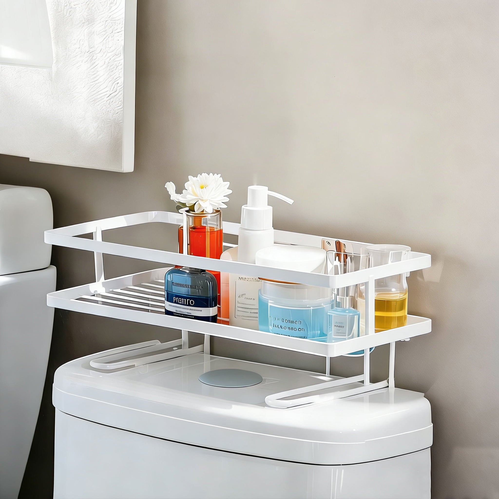 the Toilet Storage Shelf, Freestanding Bathroom Shower Caddy Organizer Behind Toilet Stand Shelves Towel Rack, White