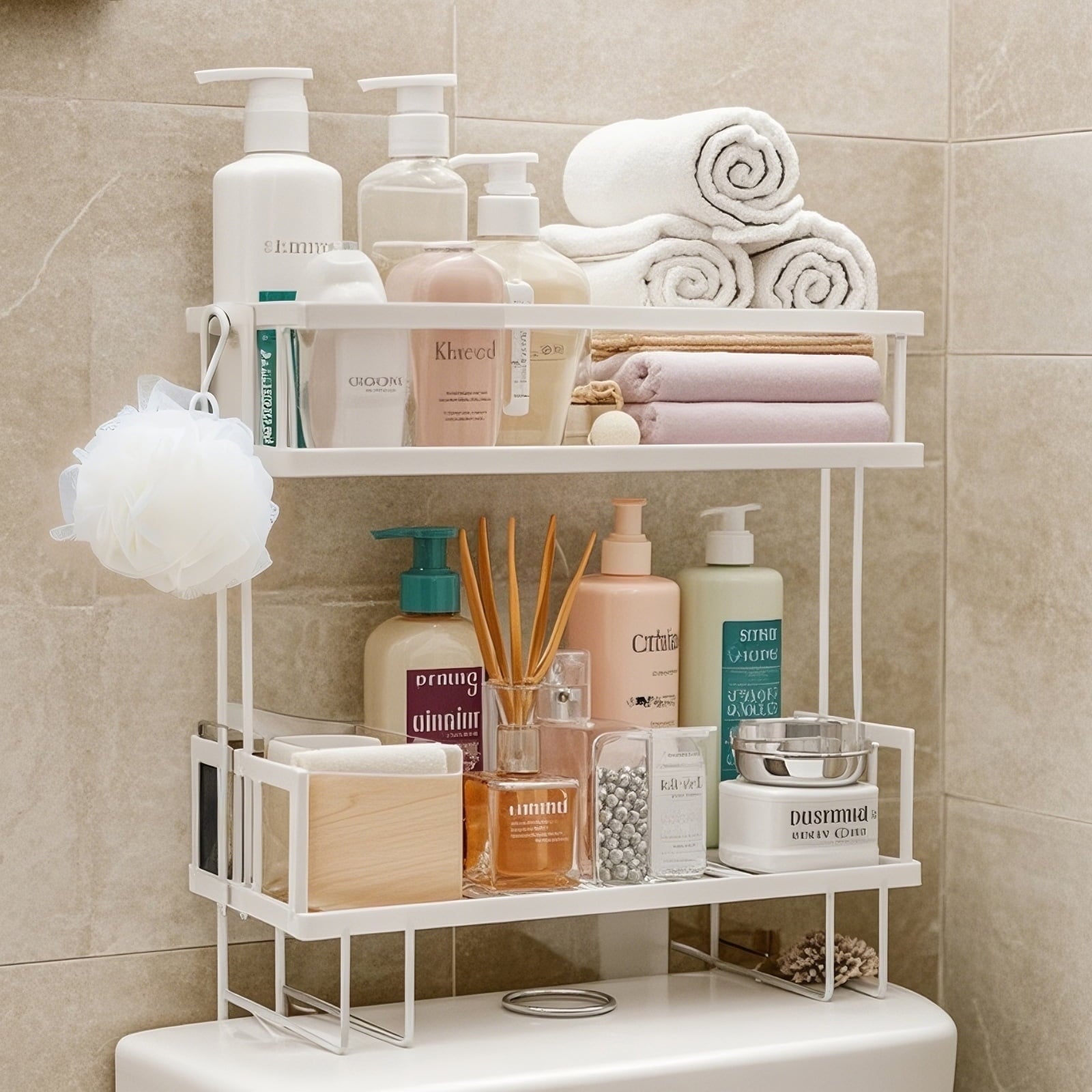 YOYTOO Over the Toilet Storage Shelf, 2 Tier Freestanding Bathroom Caddy Organizer Behind Toilet Stand Shelves Towel Rack, White
