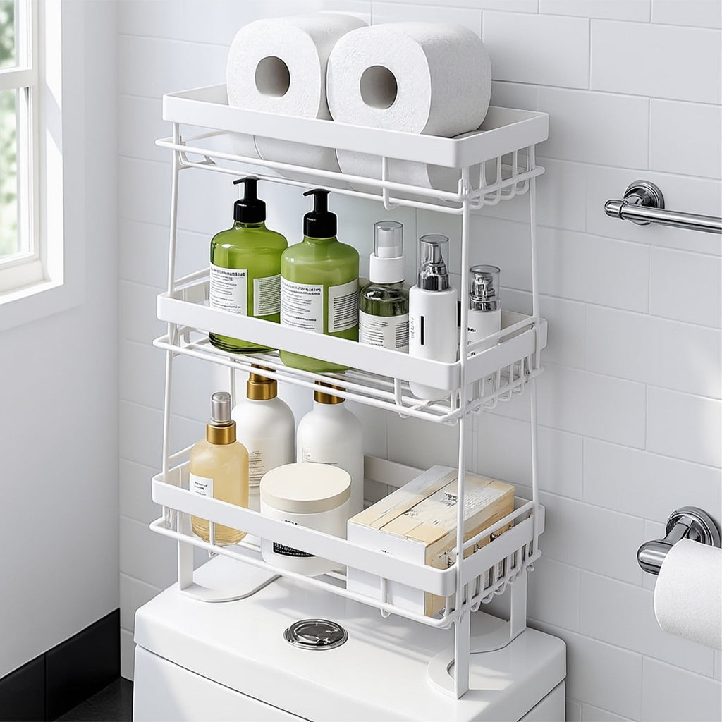 YOYTOO Over the Toilet Storage Shelf, 3 Tier Freestanding Bathroom Caddy Organizer Behind Toilet Stand Shelves Towel Rack with Toilet Paper
