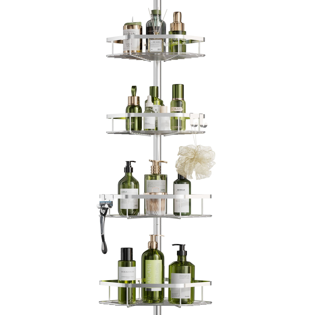 Tension Pole, 4-Shelf Corner Organizer, Sliver