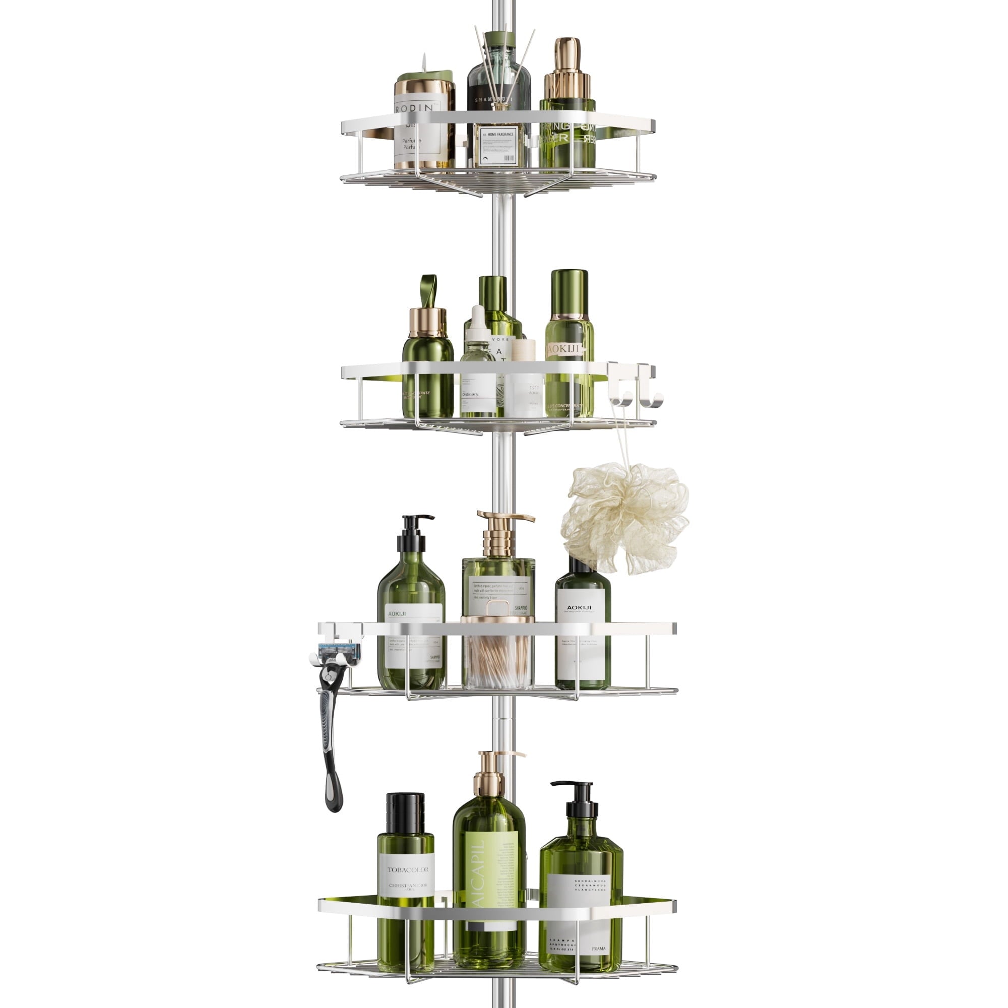 Tension Pole, 4-Shelf Corner Organizer, Sliver
