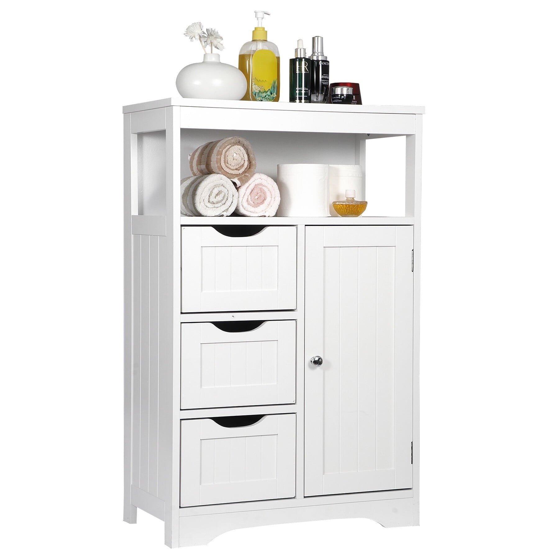 Bathroom Floor Cabinet, Free Standing Storage Cabinet with 3 Drawers and Adjustable Shelf, Modern Cupboard for Home L...