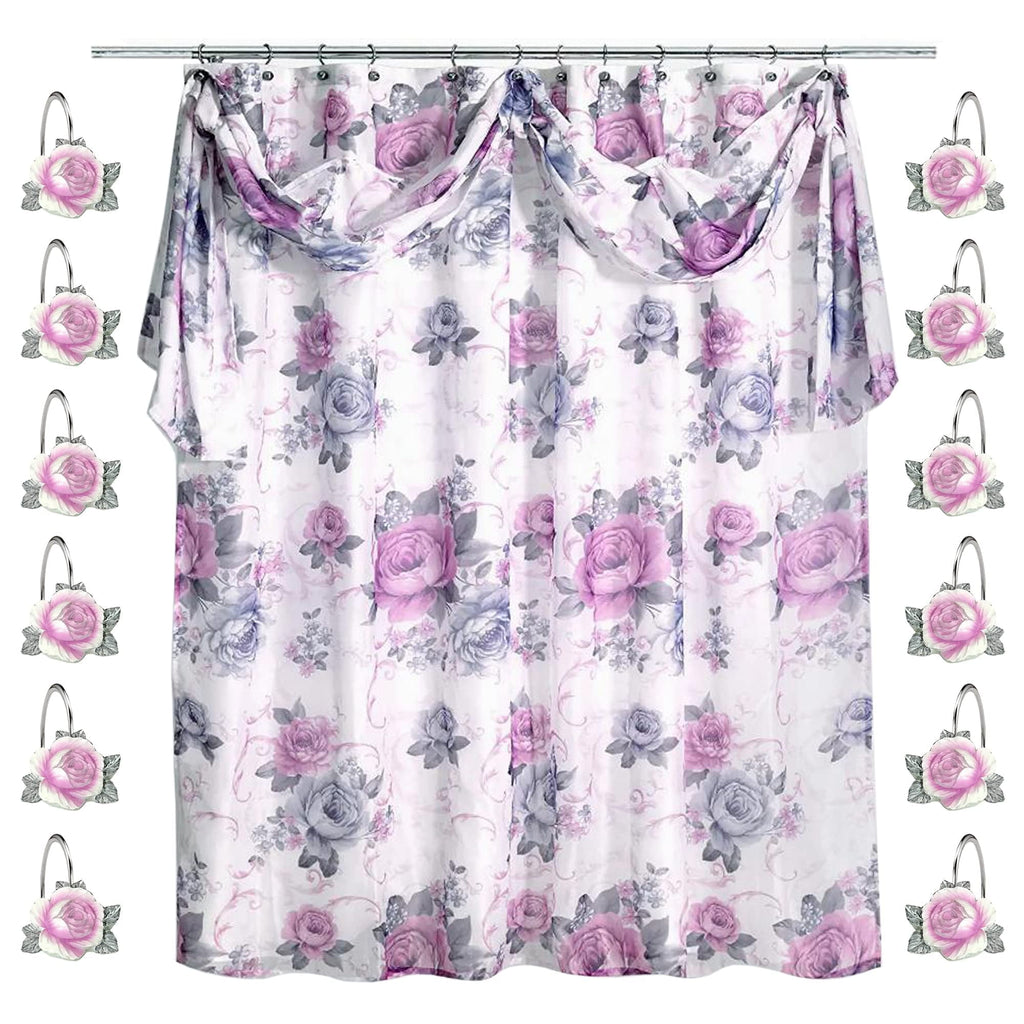 Zahari Home 13pc Michelle Bathroom Shower Curtain Sets Shower Curtain & 12 Shower Bathroom Hooks Modern Classic Luxury Contemporary Decor Fl