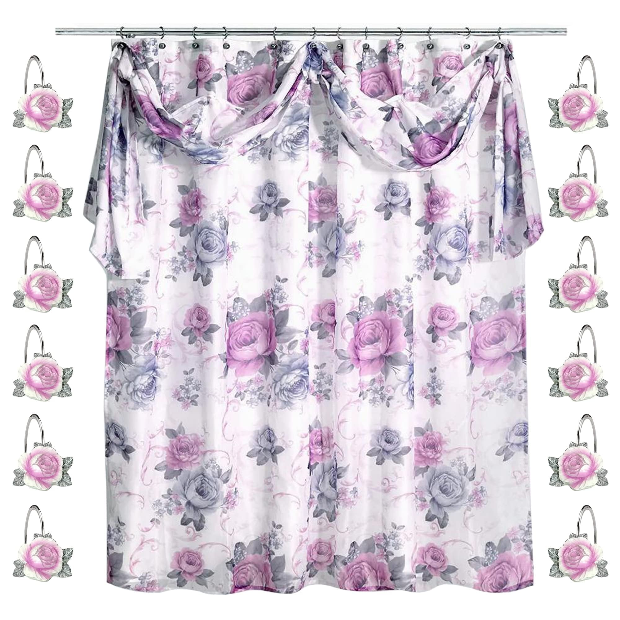 Zahari Home 13pc Michelle Bathroom Shower Curtain Sets Shower Curtain & 12 Shower Bathroom Hooks Modern Classic Luxury Contemporary Decor Fl