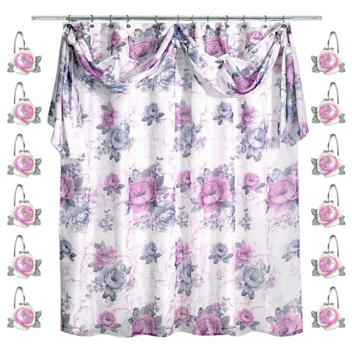 Zahari Home 13pc Michelle Bathroom Shower Curtain Sets Shower Curtain & 12 Shower Bathroom Hooks Modern Classic Luxury Contemporary Decor Fl