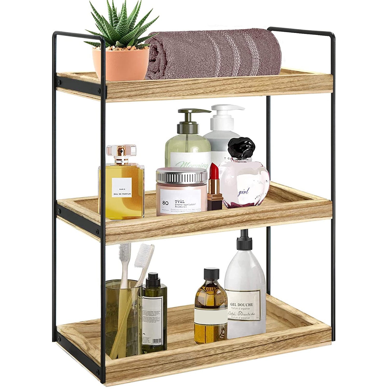 3-Tier Bathroom Counter Organizer, Wood Countertop Storage Shelf for Kitchen Bedroom Offices