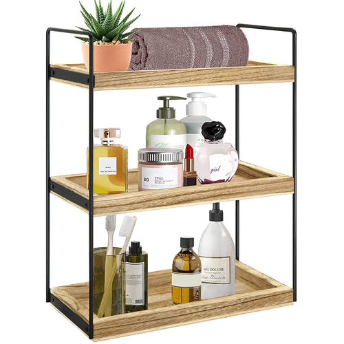 3-Tier Bathroom Counter Organizer, Wood Countertop Storage Shelf for Kitchen Bedroom Offices