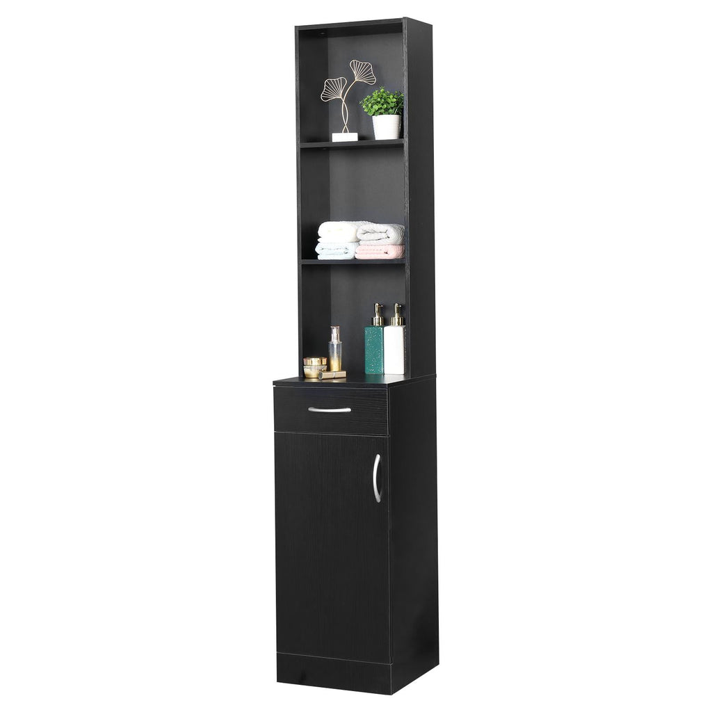 Station Makeup Hair Salon Cabinet, Freestanding Bathroom Tall Cabinet with 5 Shelves & Drawer, Black