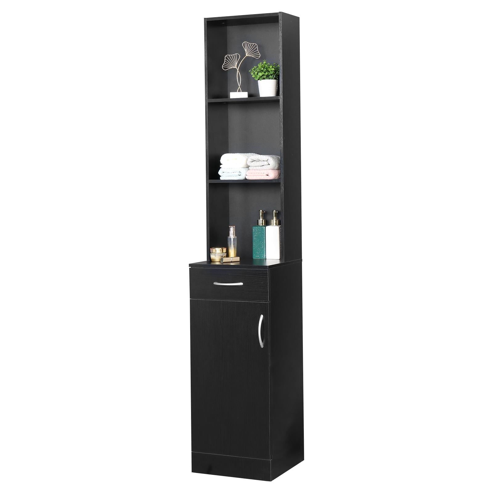 Station Makeup Hair Salon Cabinet, Freestanding Bathroom Tall Cabinet with 5 Shelves & Drawer, Black