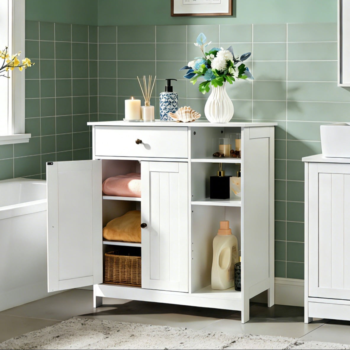 Zimtown Wooden 2-Door  Bathroom Cabinet Storage Organizer with 2 Shelves& 1 Drawer & Three-layer Side Rack, White