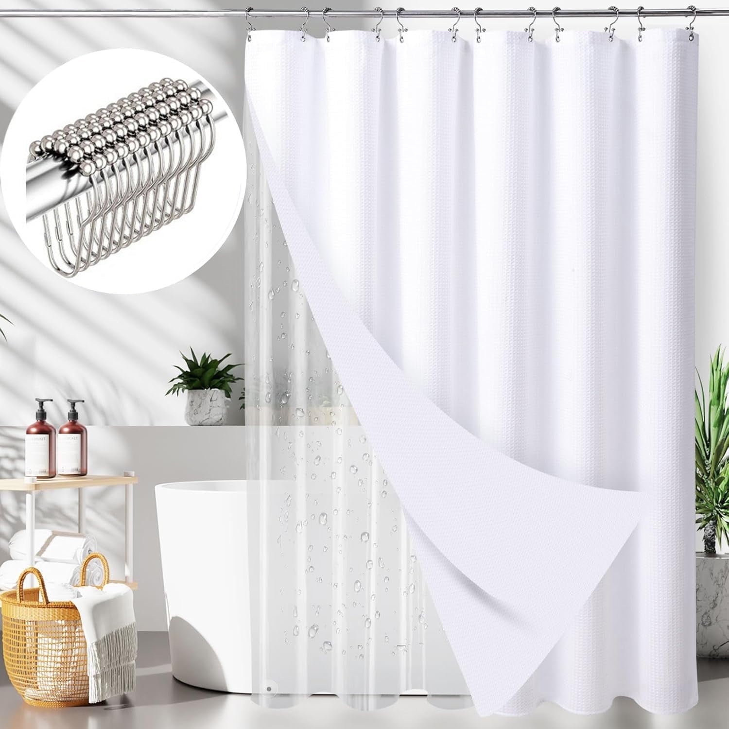 Shower Curtain and Liners Sets with Hooks, Mildew-Resistant Thick Bathroom Curtain Set, 72" x 72", White