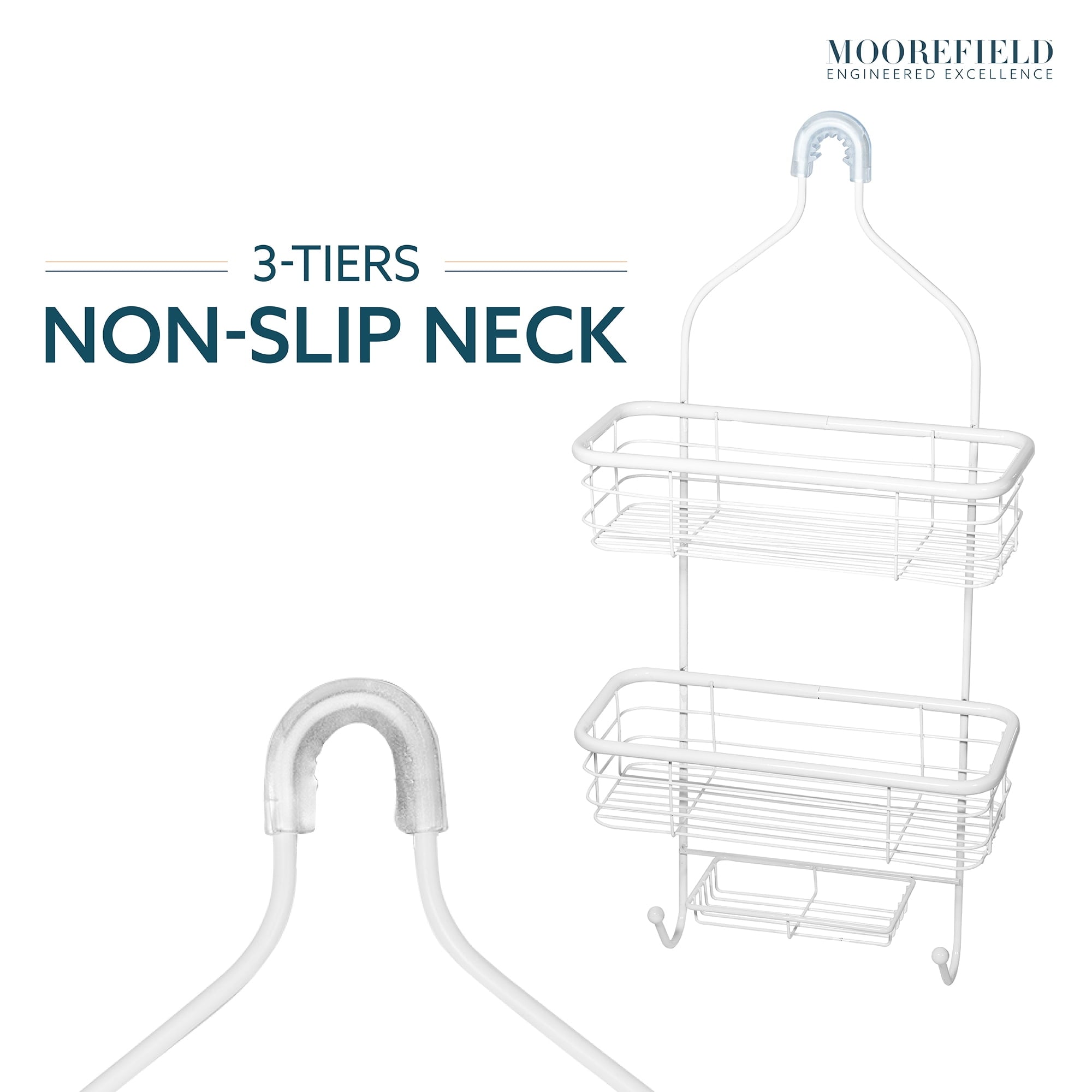 Moorefield 3-Tier Hanging Shower Caddy with Suction Cups, Non-Slip Neck, Bathroom Organizer, Matte White - Image 5