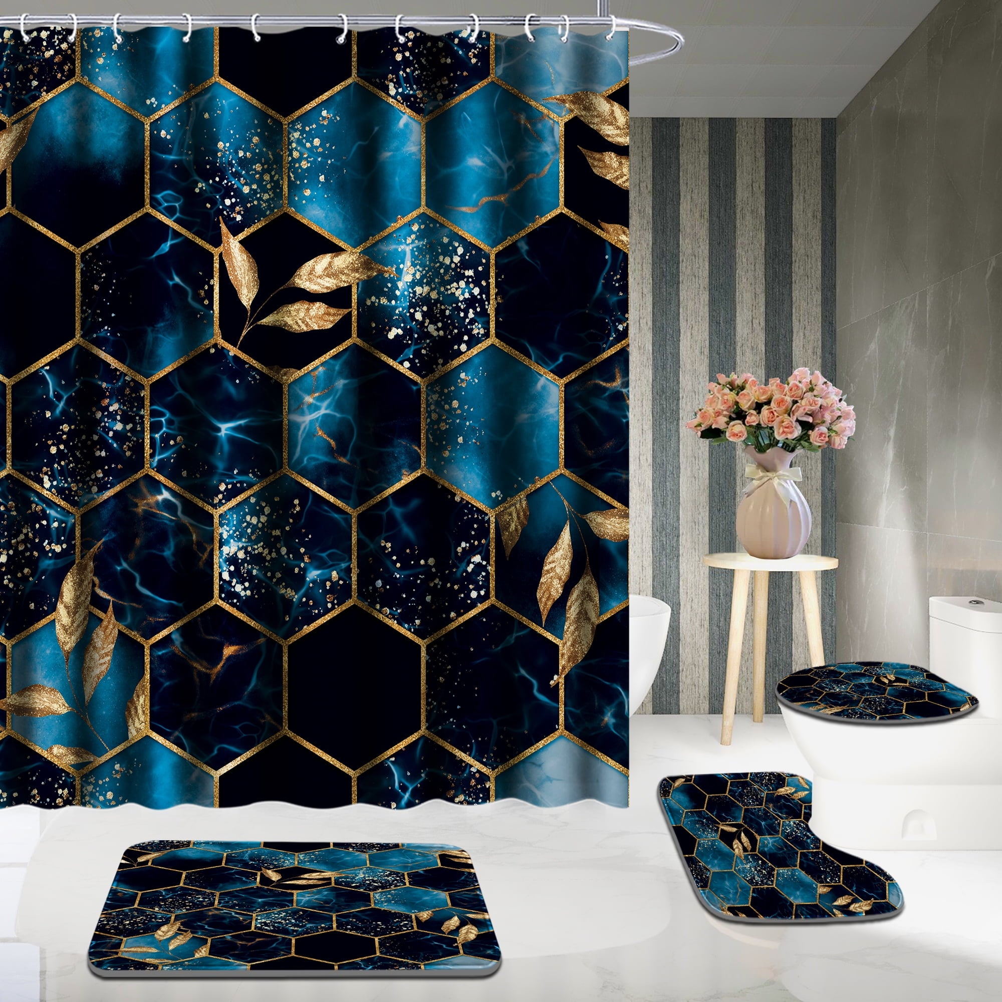 4Pcs Bathroom Sets with Shower Curtain and Rugs, Shower Curtain Set with Non-Slip Rugs,Toilet Lid Cover,Bath Mat and ... - Image 2
