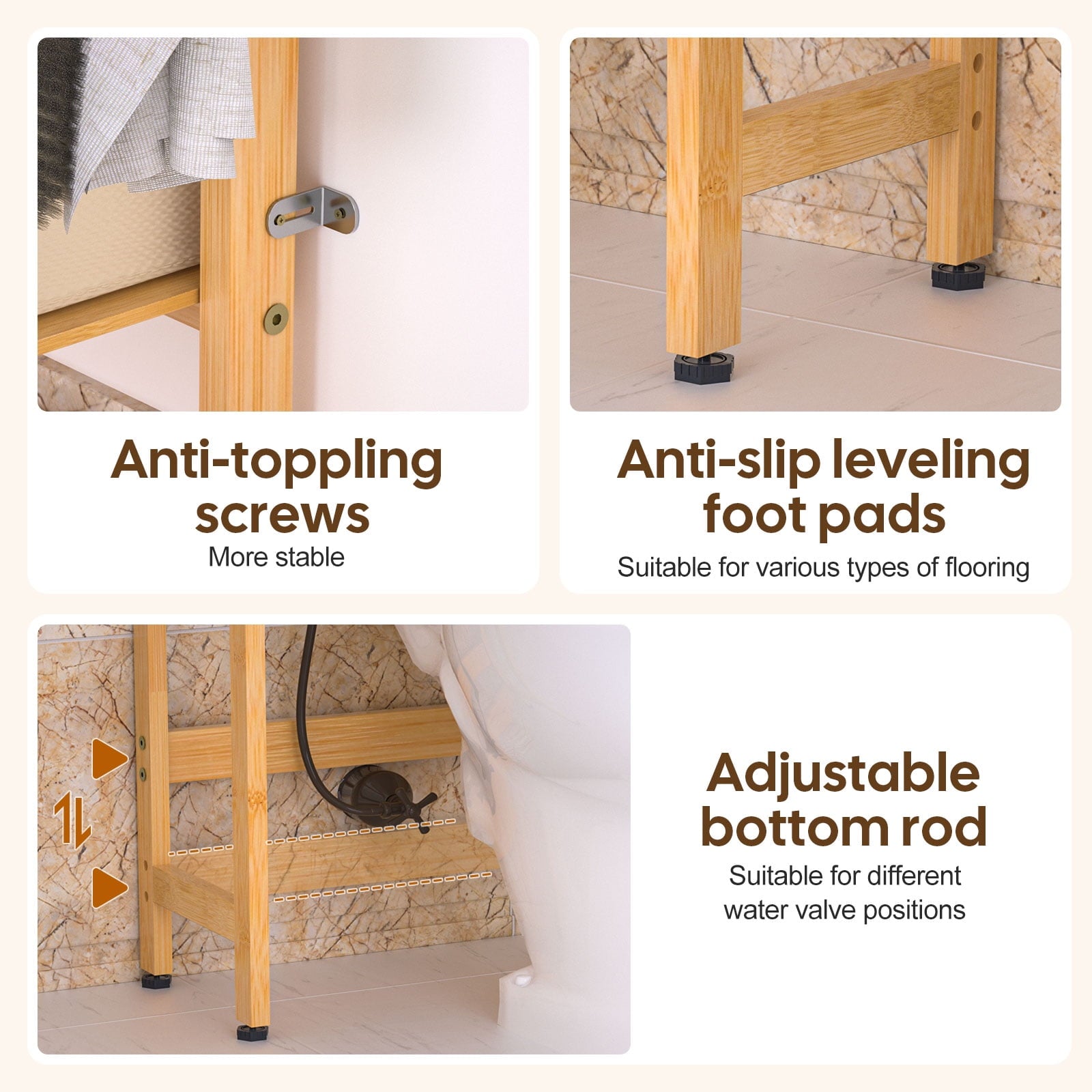 the Toilet Storage, Bamboo Bathroom Shelf Organizer with 2 Baskets & 4 Hooks, 4-Tier Space Saver - Image 2