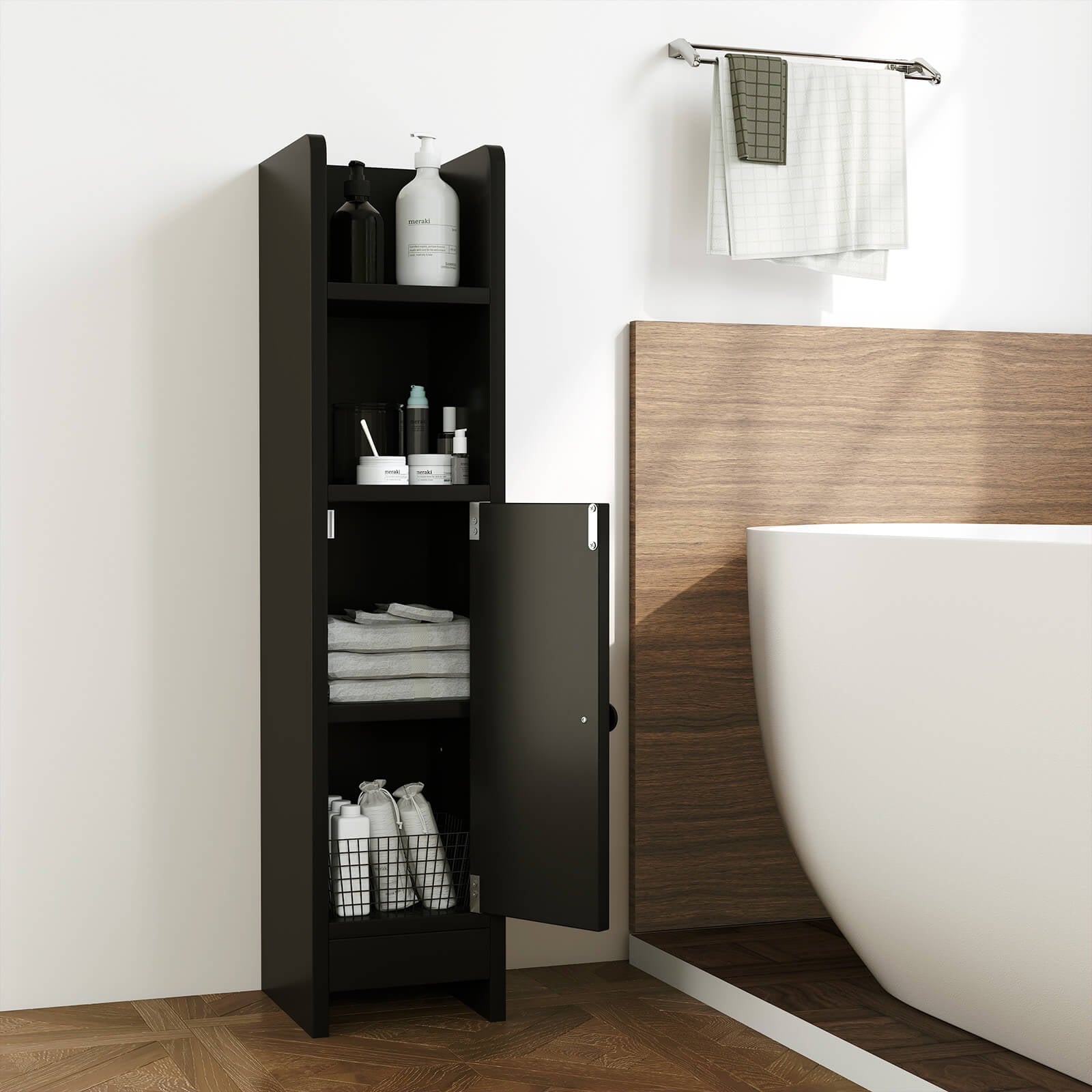 Bathroom Storage Cabinet with Adjustable Shelf 1 Door & 2 Open Shelves Living Room Black - Image 2