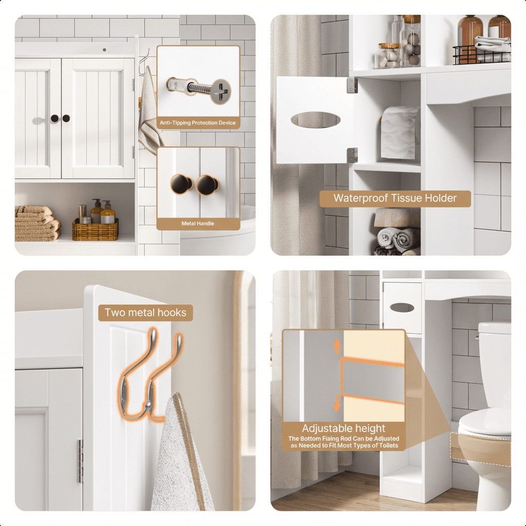 Aiho 66" H Over the Toilet Storage Cabinet with 2 Doors & Adjustable Shlef, Bathroom Organizer Above Toilet, Space Saver for Bathroom, Laund - Image 5