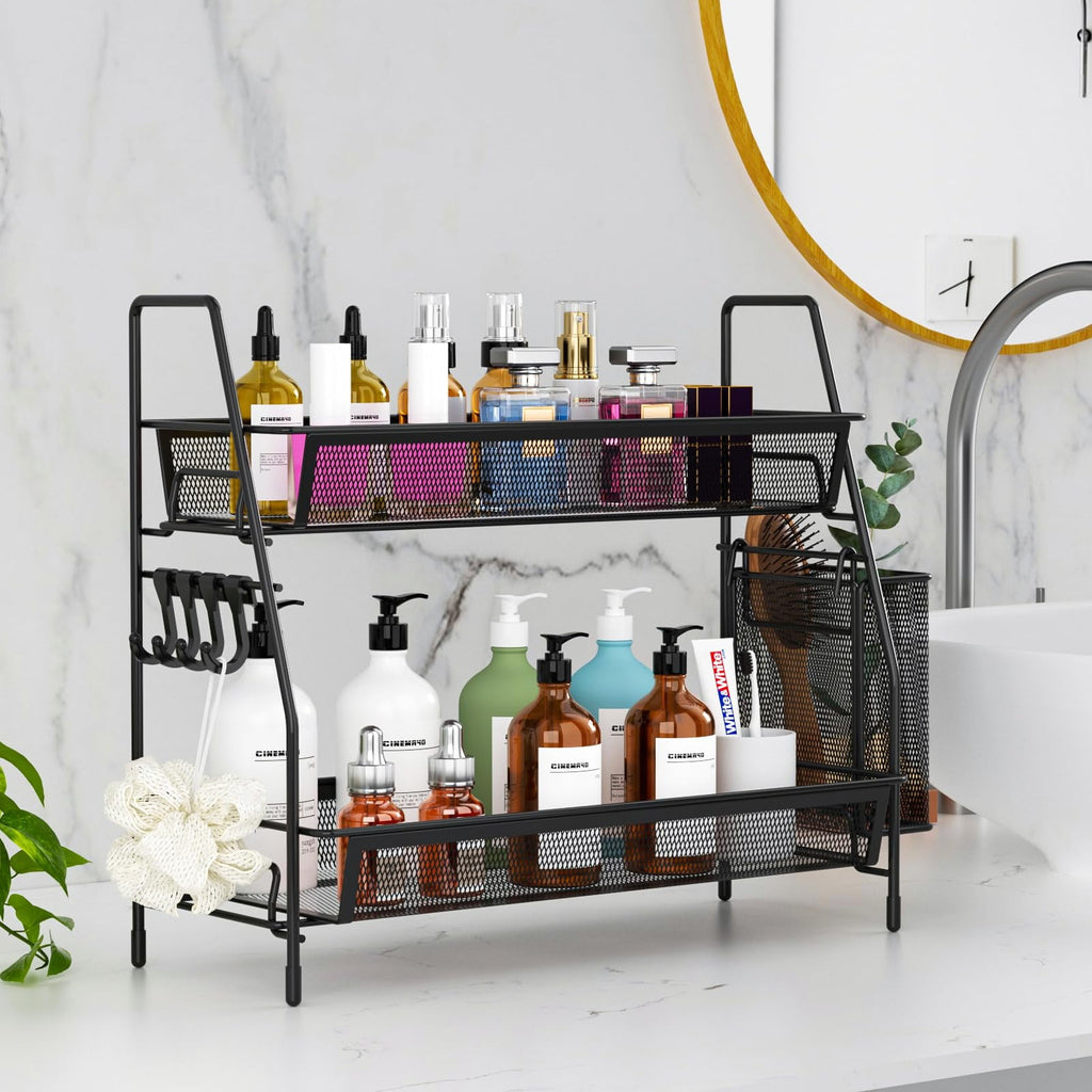 2-Tier Bathroom Organizer Countertop, Metal Wire Mesh Bathroom Counter Organizer Storage with Basket Hooks - Image 6