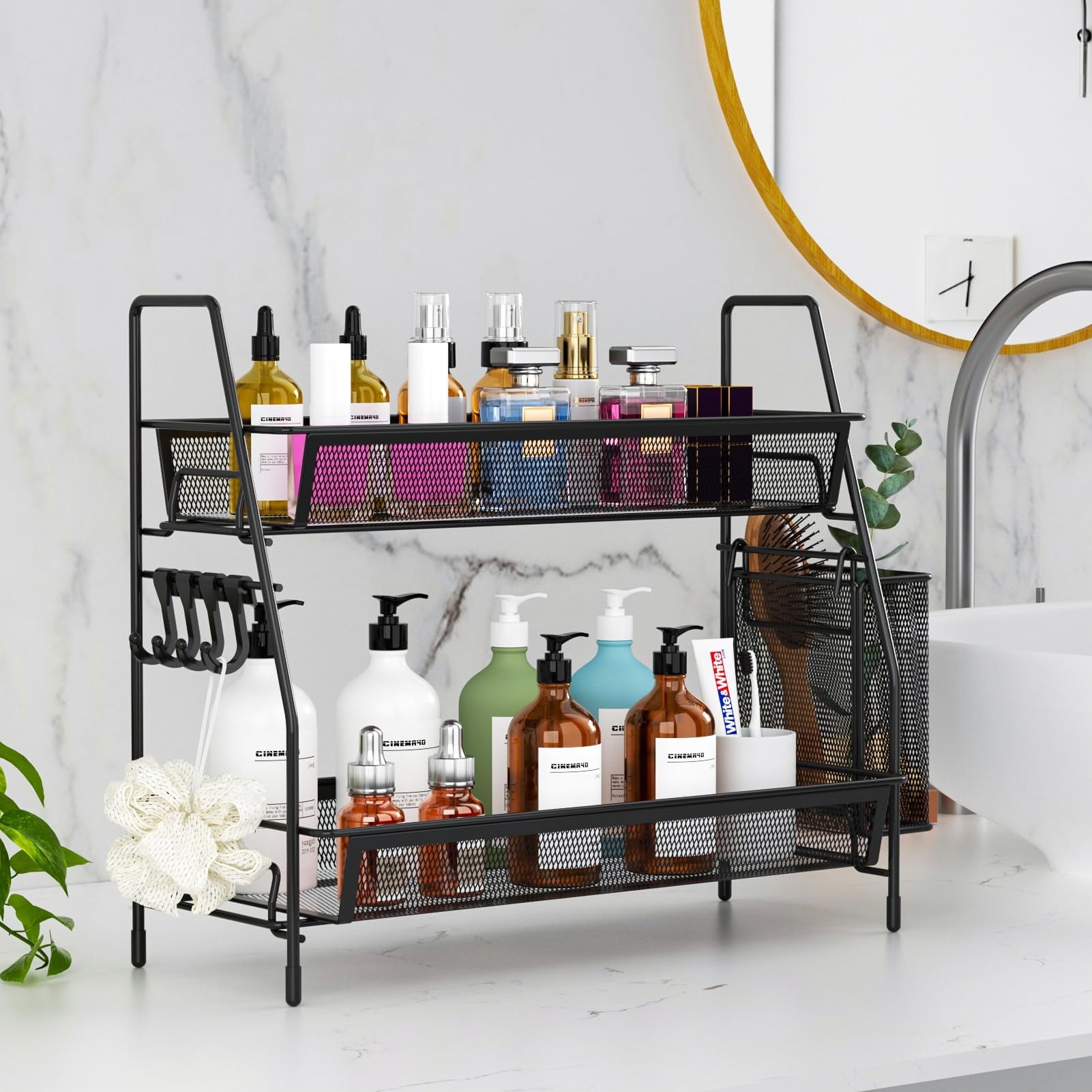 2-Tier Bathroom Organizer Countertop, Metal Wire Mesh Bathroom Counter Organizer Storage with Basket Hooks - Image 6