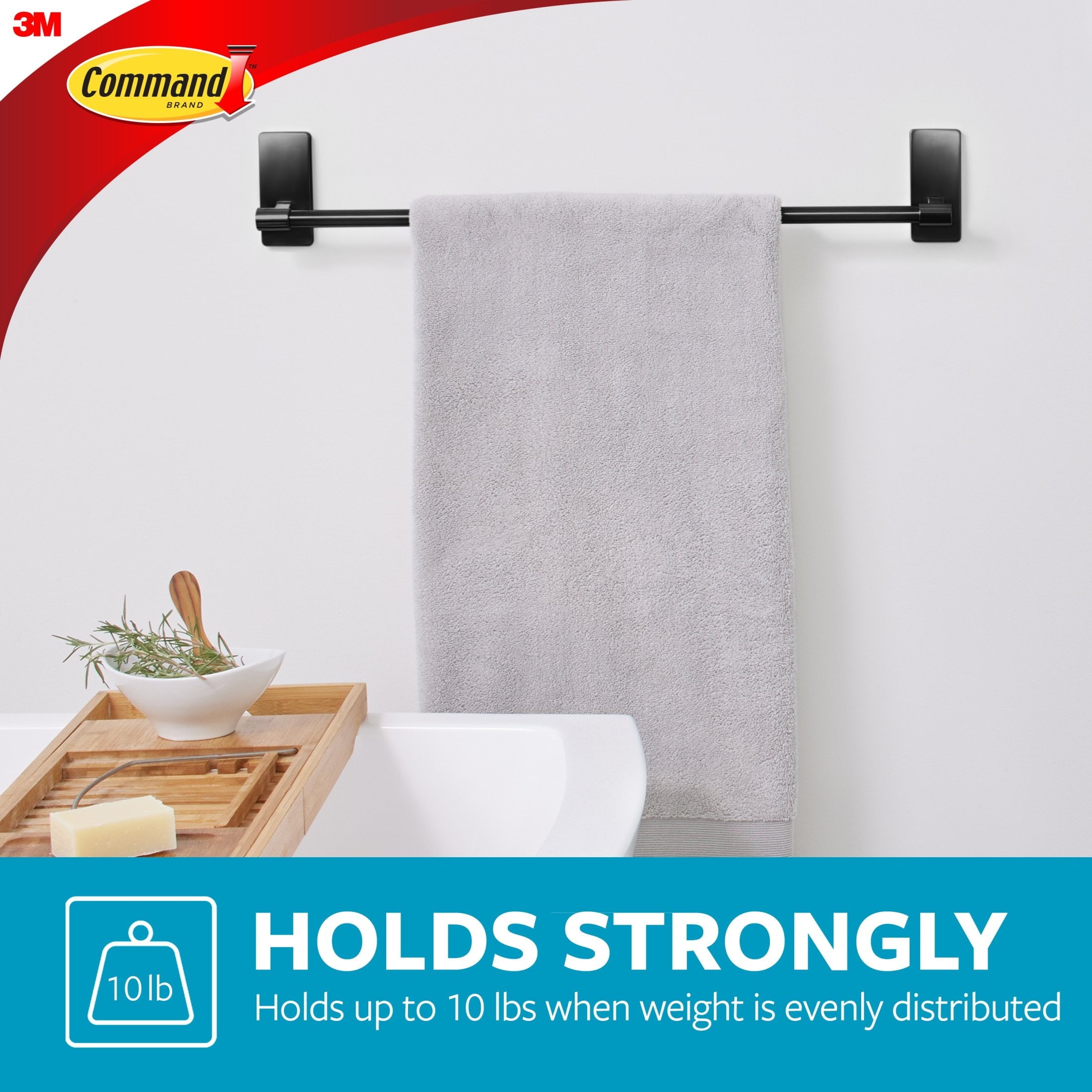 Black Towel Bar, Holds 10 lbs, 2 Large Strips - Image 4