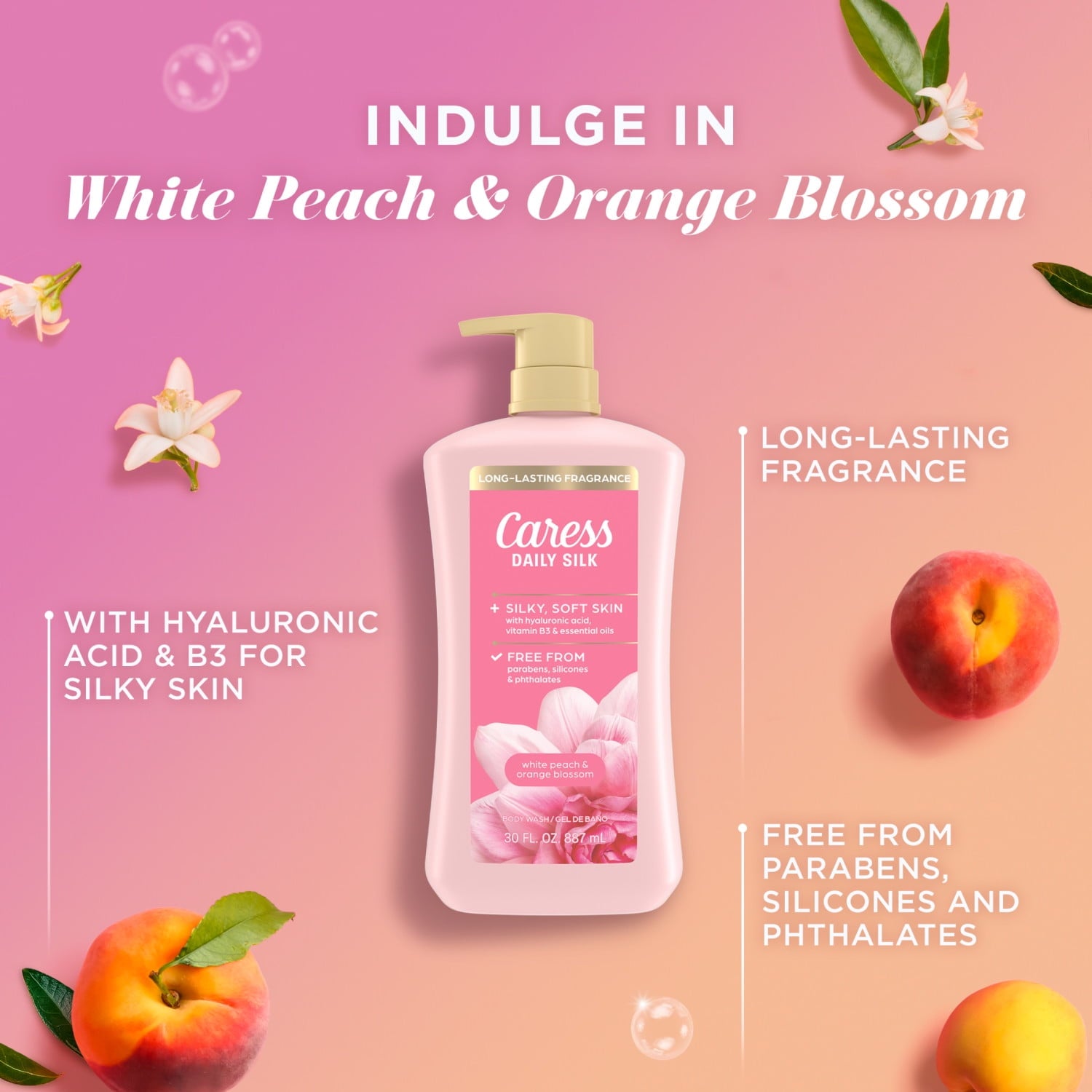 Caress Body Wash for Women, Daily Silk White Peach & Orange Blossom for All Skin 30 fl oz - Image 3