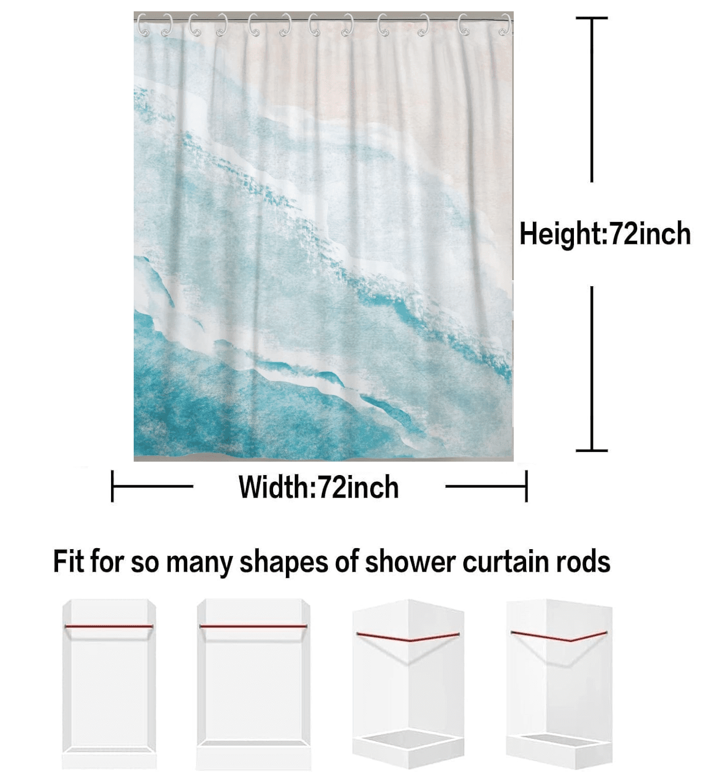 Beach Shower Curtain, Teal Blue Coastal Ocean Beach Theme Bathroom Curtain, Waterproof Fabric Machine Washable with Hooks,72x72 - Image 6