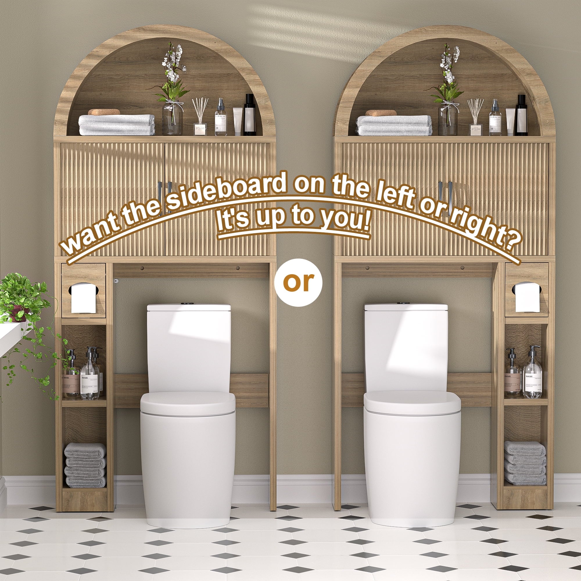 HARIPUL Over The Toilet Storage Cabinet w/ Unique Wood Grain & Arc Design, Freestanding Bathroom Shelf Organizer Space Saver w/ Doors & Anti - Image 3