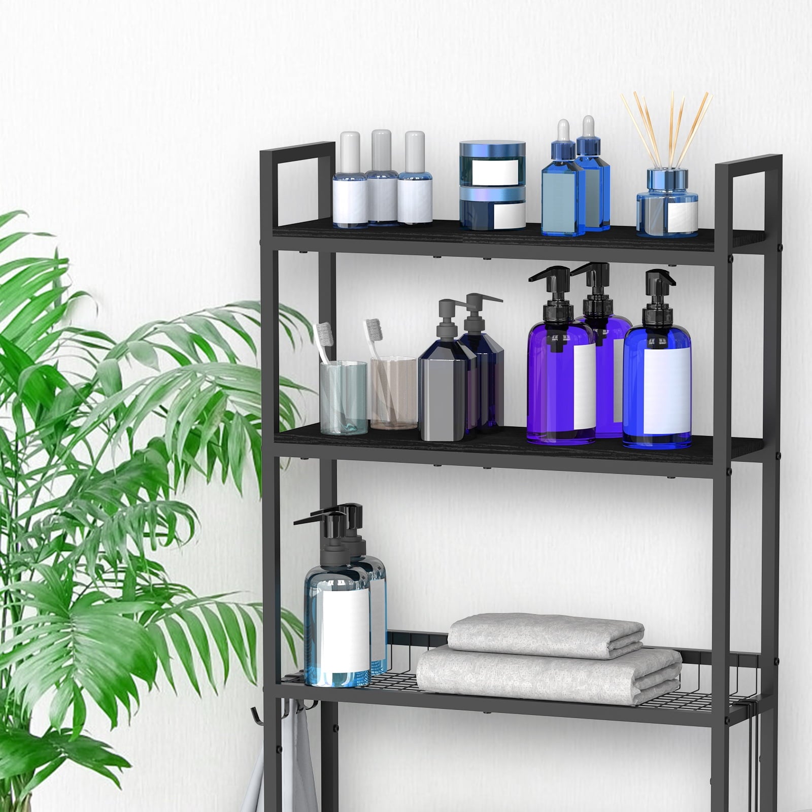 3-Tier Storage Cabinet, Black Freestanding Bathroom Organizer with 4 Hooks for Restroom and Laundry Room - Image 6