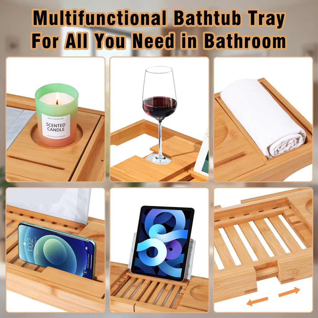 Bathtub Caddy Tray for Tub, Expandable Bamboo Bath Table Shelf with Book and Wine Glass Holder, Bathroom Accessories Gift for Spa, Housewarm - Image 4