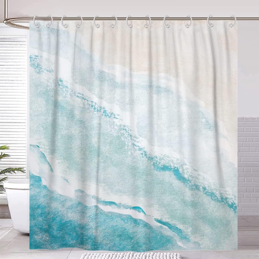 Beach Shower Curtain, Teal Blue Coastal Ocean Beach Theme Bathroom Curtain, Waterproof Fabric Machine Washable with Hooks,72x72 - Image 3