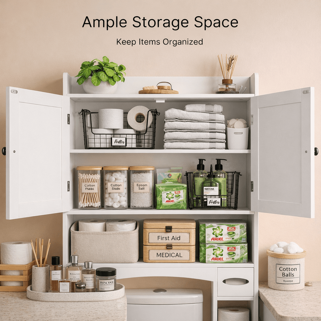 Aiho 70.3" Tall Over the Toilet Storage Cabinet, Bathroom Organizer Above Toilet with Adjustable Shelves & 2 Side Hooks, Space Saver for Bat - Image 5