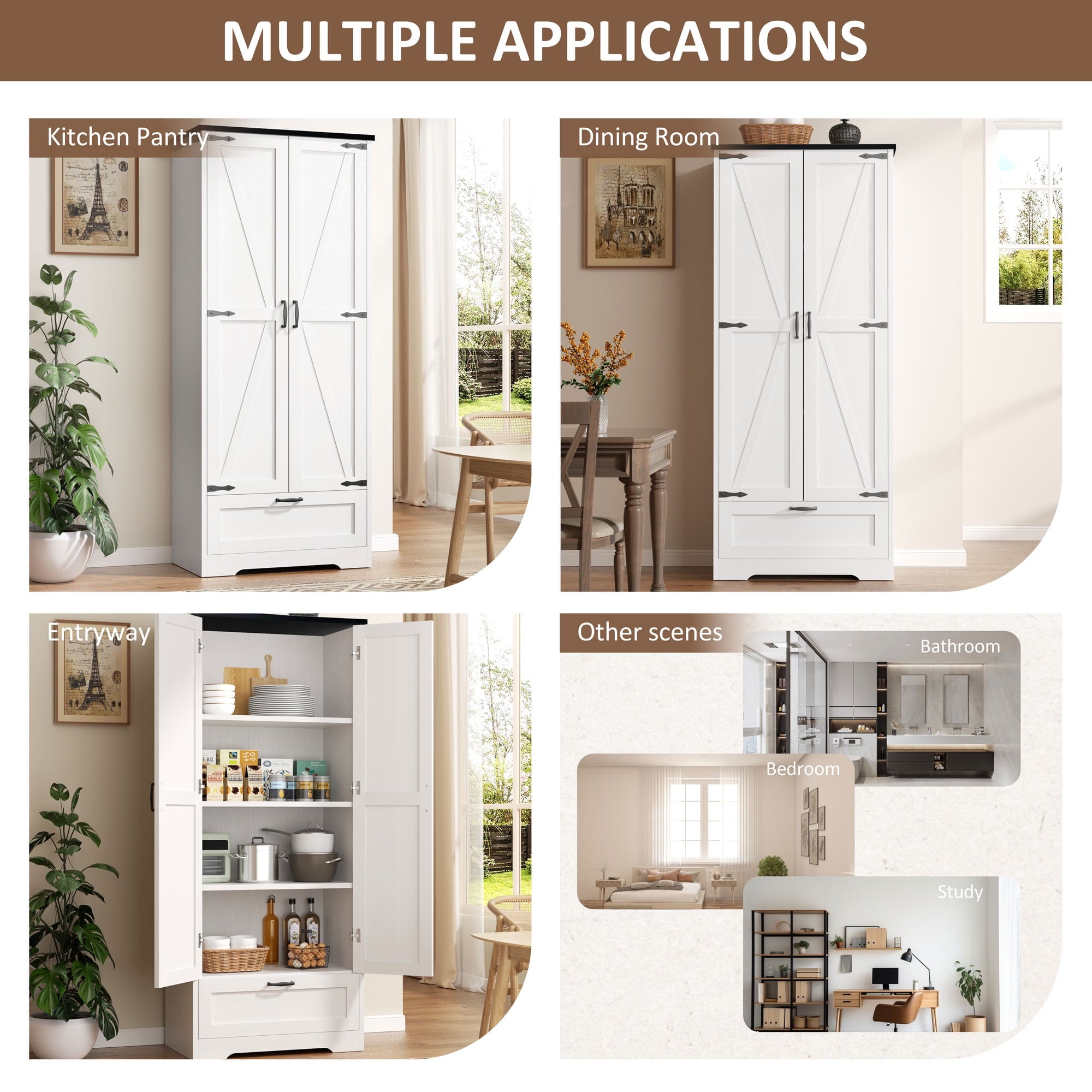 Walsunny Bathroom Floor Storage Cabinets with Doors Shelves Drawer Freestanding Wooden Cabinet Organizer for Laundry Room Bathroom White - Image 2
