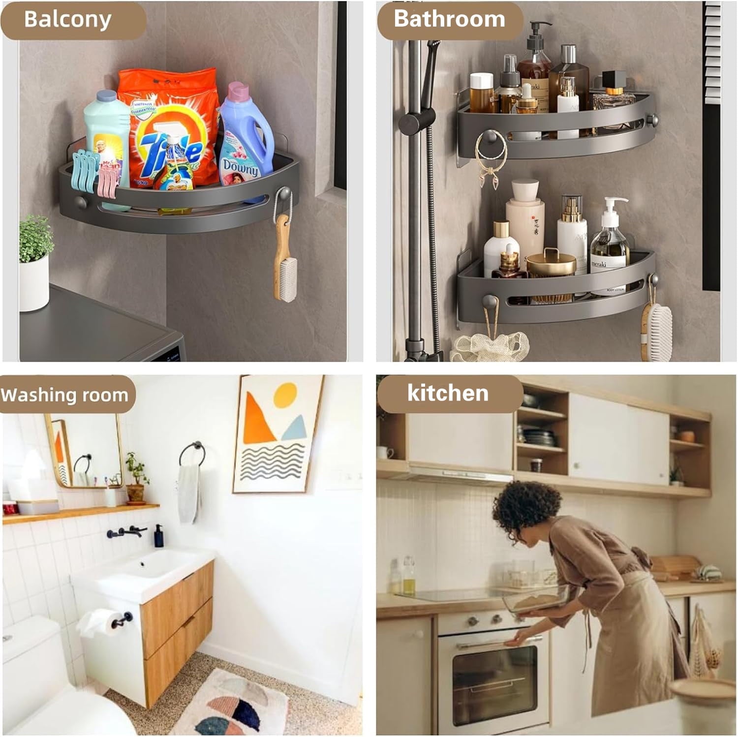 3-Tier Shower Corner Shelf, Adhesive and Screw Mount Bathroom Corner Shower Caddy Organizer, PP Material Hooks Space-... - Image 3