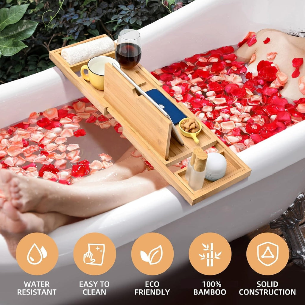 Bamboo Bathtub Tray, Expandable Bath Tray for Tub, Fits Most Bathtub, with Wine and Book Holder and Suport Ipad, Phone Suport, with Non-Slip - Image 5