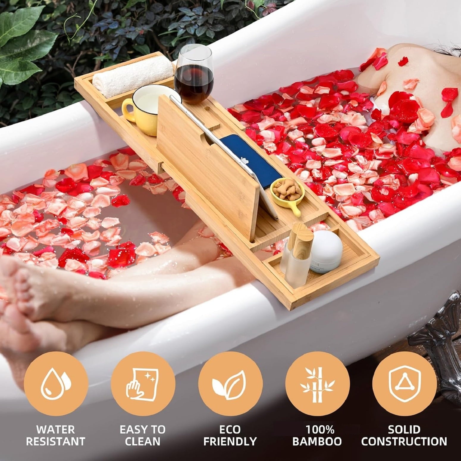 Bamboo Bathtub Tray, Expandable Bath Tray for Tub, Fits Most Bathtub, with Wine and Book Holder and Suport Ipad, Phone Suport, with Non-Slip - Image 5