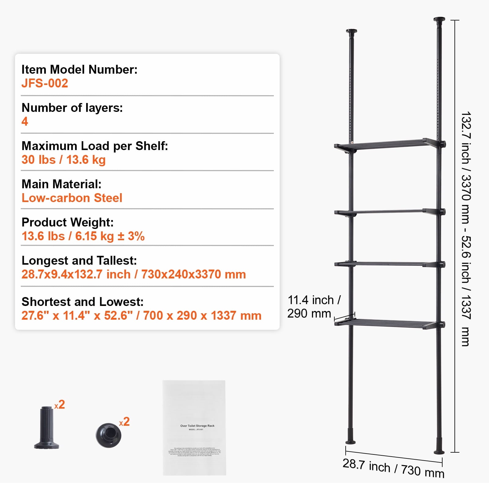 KFFKFF Over The Toilet Storage Shelf,4-Level Adjustable Bathroom Shelf, Eco-friendly Steel, 53"-132" Height, Simple to Assemble, Space-Effic - Image 4