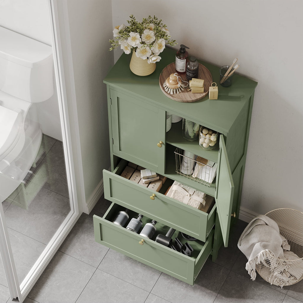 Bathroom Floor Storage Cabinet, Freestanding Cabinet with 2 Doors 2 Drawers, for Kitchen Living Room Small Spaces,Green - Image 5